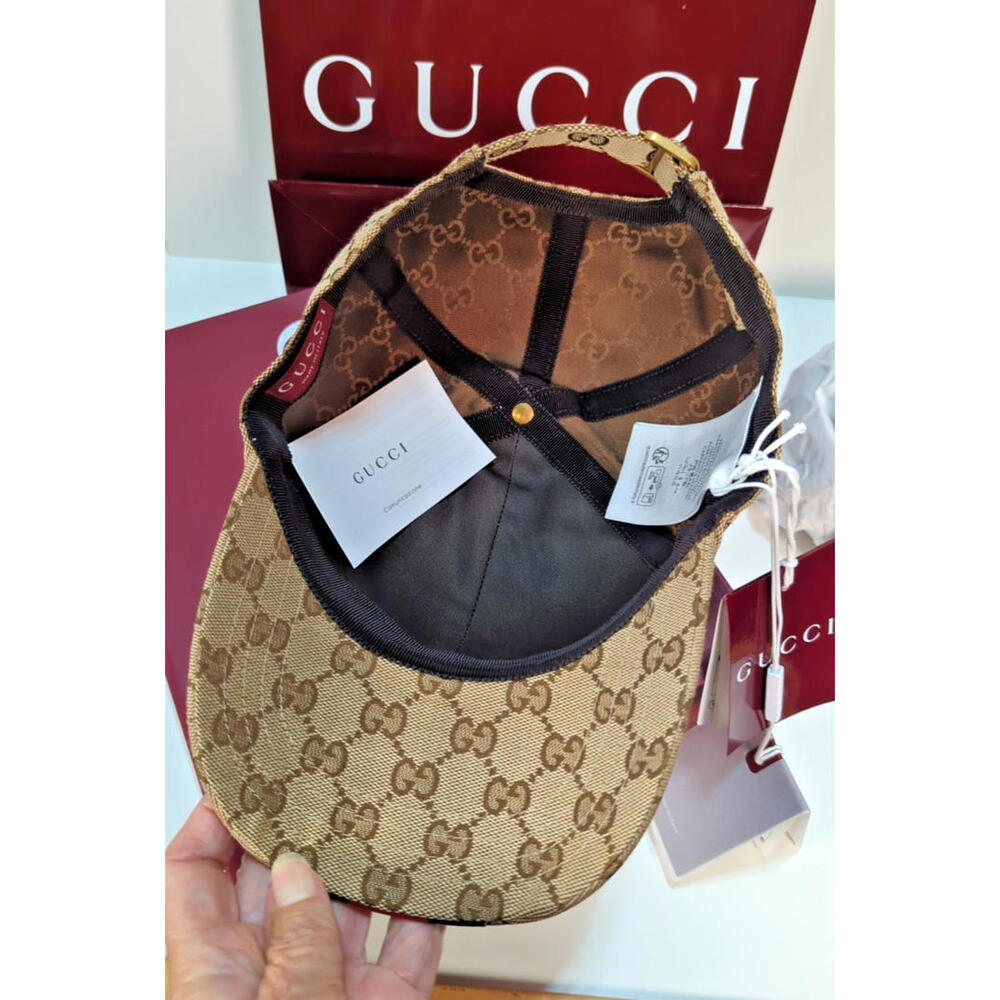 NWT! GUCCI Original GG Beige & Ebony canvas baseball hat with Web Stripe Size M - Picture 15 of 16
